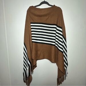 Ana & Rose Brown with Black and White Stripe Poncho Sweater Fringe One Size Plus